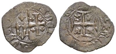 Moneta del Regno di Napoli, Denaro con Giovanna e Ludovico d'Angiò (1347-1362), 0,67 gr, MIR 36, ...