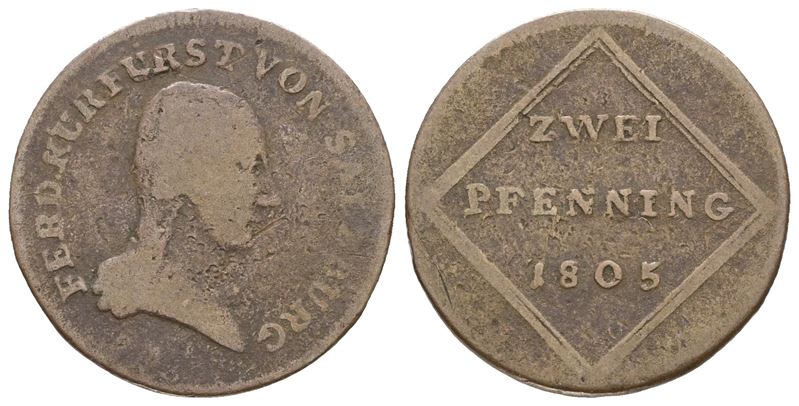 SALISBURGO. Ferdinando III di Lorena (1803-1806). 2 pfennig 1805. Cu; 2,75gr; KM 490; Raro; MB