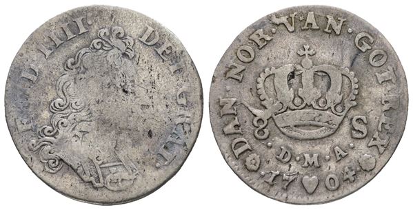 NORVEGIA. Federico IV (1699-1730). 8 skilling 1704. Ag; 2,29gr; KM 209; MB