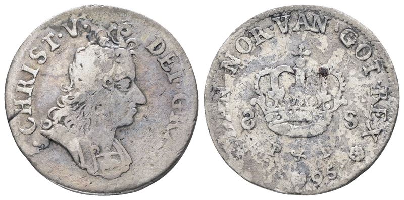 DANIMARCA. Cristiano V (1670-1699). 8 skilling 1695. Ag; 3gr; KM 465; Raro; MB