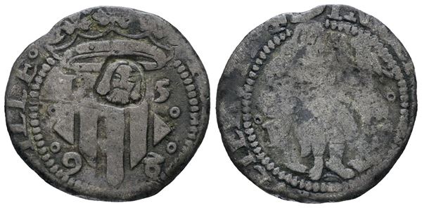 FRANCIA. PERPIGNAN. Filippo II di Spagna (1556-1598). 2 sol 1598. Contromarca con testa di san Giovanni. Mi; 2,9gr; PA 3611; Raro; MB