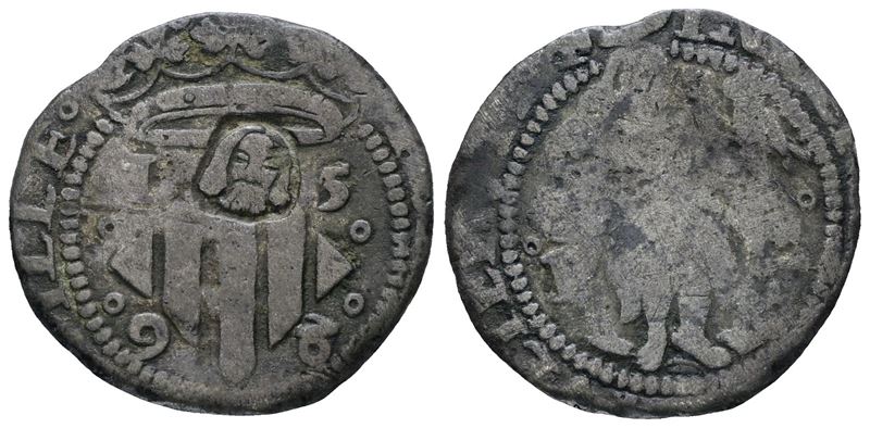 FRANCIA. PERPIGNAN. Filippo II di Spagna (1556-1598). 2 sol 1598. Contromarca con testa di san Gi...