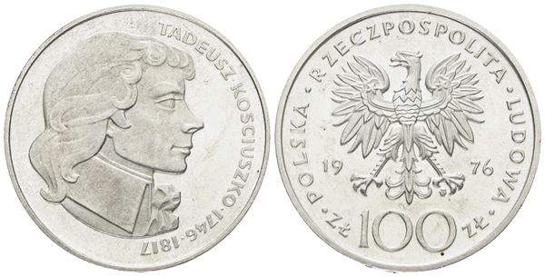 POLONIA. 100 zlotych 1976 "Kosciuszko". Ag; 16,5gr: Y 82; FDC