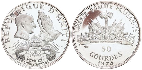 HAITI. 50 gourdes 1974 "Papa Paolo VI". Ag; 16,75gr; KM 123. PROOF