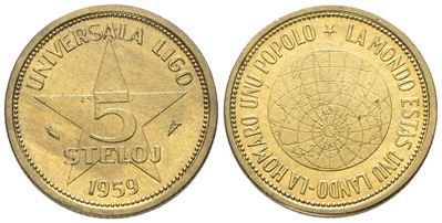 OLANDA (Esperantujo), Moneta commemorativa, 5 stelaj 1959, ottone, 5 gr, diametro 23 mm
