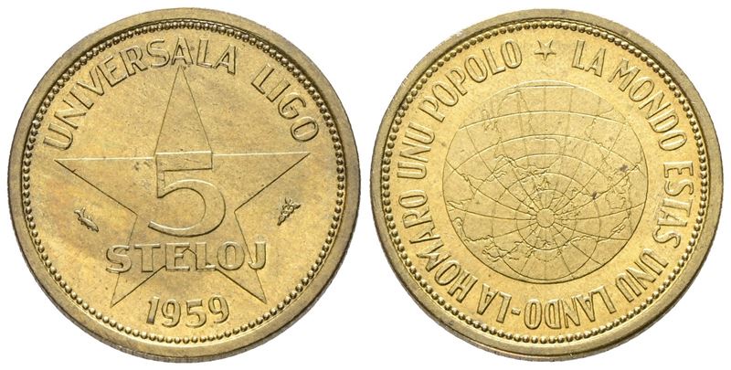 OLANDA (Esperantujo), Moneta commemorativa, 5 stelaj 1959, ottone, 5 gr, diametro 23 mm