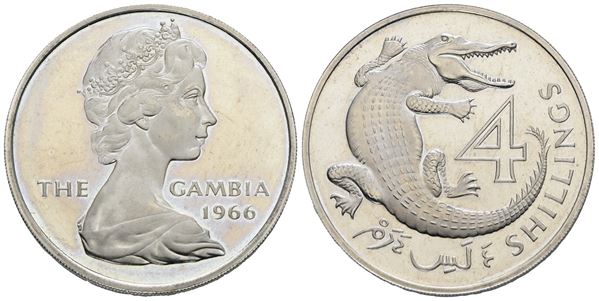 GAMBIA. Elisabetta II (1952-2022). 4 shilling 1966. Cn; 18,14gr; KM 6; FDC