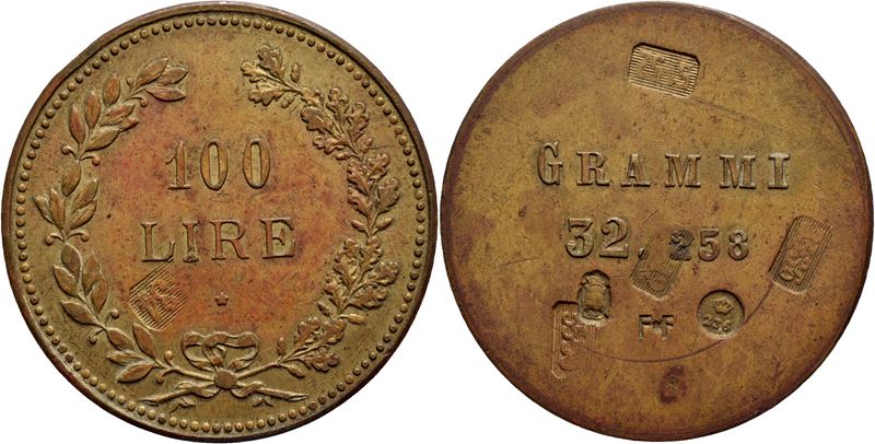 Savoia, Peso monetale 100 Lire, Ø 30 mm, (BR g. 32,23) con contromarche