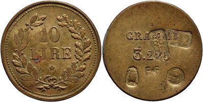 Savoia, Peso monetale 10 Lire, Ø: 18 mm, g. 3,22, RR Borz. 615 Contromarche