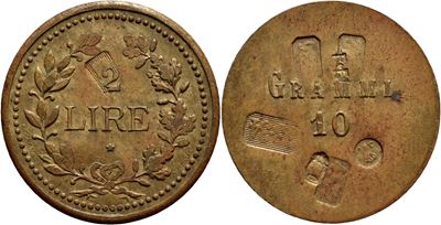 Savoia, Peso monetale 2 Lire d'argento, Ø 24 mm, (BR g. 10)