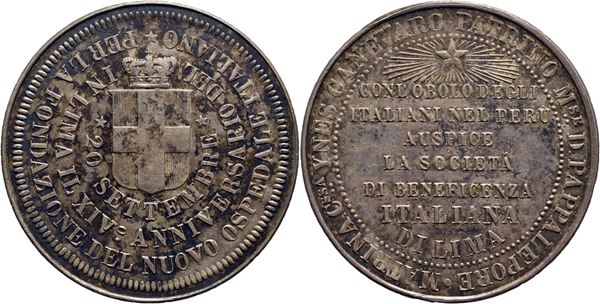 SAVOIA - Umberto I Medaglia 1892 - Inaugurazione nuovo Ospedale Italiano a Lima Ø: 35 mm. - (AG g. 24,83) RR. SPL