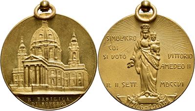 Savoia, Vittorio Emanuele III (1900-1943), Medaglia della Basilica di Superga, 1906, Bronzo dorat...