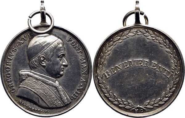 STATO PONTIFICIO. Gregorio XVI (1831-1846). Medaglia A. XIII Benemerenti Opus: Girometti Ø: 33 mm. - (AG g. 15,5) RRR. SPL-FDC