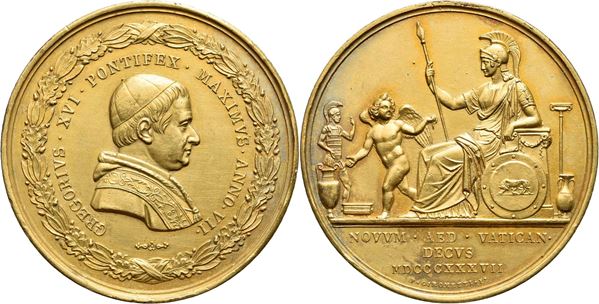 STATO PONTIFICIO. Gregorio XVI (1831-1846). Medaglia 1837 Museo Etrusco 52mm. AE dorato 60,5g. R SPL-FDC