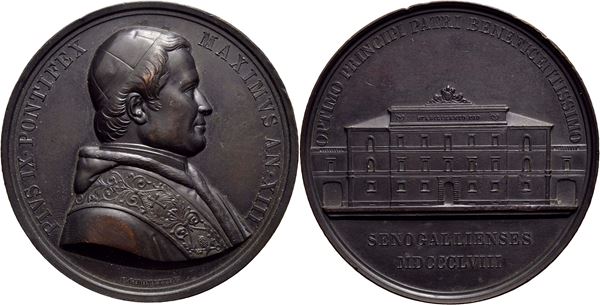 STATO PONTIFICIO. Pio IX (1846-1878). Medaglia 1858 A. XIII Stabilimento Pio a Senigallia Ø: 59 mm. (AE g. 85) RR. qFDC