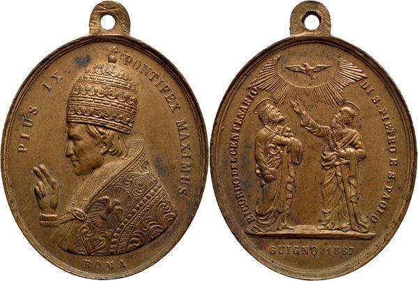 STATO PONTIFICIO. Pio IX (1846-1878). Medaglia 1867 Ricordo di S. Pietro e S. Paolo - (AE g. 10,92) RRRR - mm. 30x35. SPL-FDC