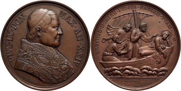 STATO PONTIFICIO. Pio IX (1846-1878). Medaglia A. XXIV - Difesa dei diritti della Chiesa  Ø: 48 mm. - (AE g. 49) R. qFDC