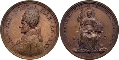 Leone XIII, Medaglia commemorativa 1878-1903 - A. XXV - AE RRRR Mont. 77 con triregno