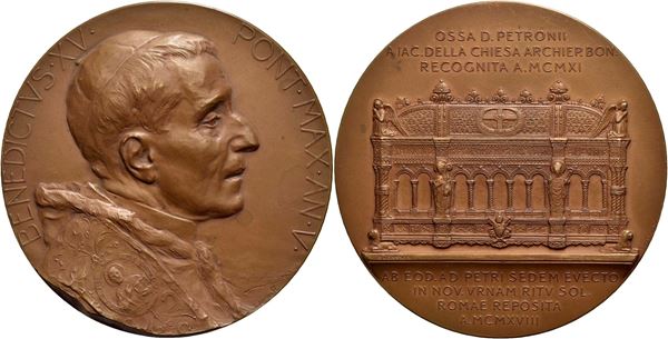 ROMA. Benedetto XV (1914-1922) Medaglia 1918 Nuova Urna per Reliquie di S.Petronio  Ø: 66 mm (AE g. 136) RR . FDC