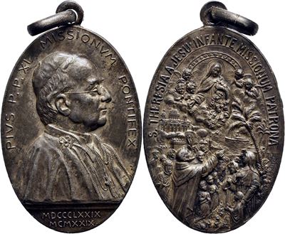 Pio XI, Medaglia commemorativa Santa Teresa del Bambin Gesù, 1929, Opus Giandomenico, mm. 25x40