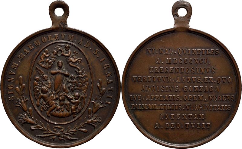 Medaglia commemorativa, 300° della Morte di S. Luigi Gonzaga, 1891, bronzo