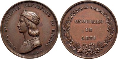Raffaello Sanzio, Medaglia 1872 Urbino Premio Accademia, Ø: 28 mm, AE g. 12,1