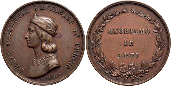 PERSONAGGI - Raffaello Sanzio (1483-1520) - Medaglia 1872 Urbino Premio Accademia Ø: 28 mm. (AE g. 12,1). SPL-FDC