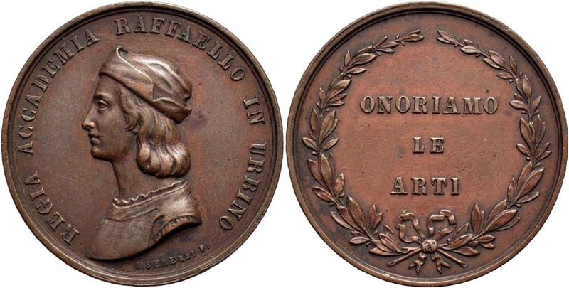 Raffaello Sanzio, Medaglia 1872 Urbino Premio Accademia, Ø: 28 mm, AE g. 12,1