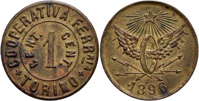 Gettone ferroviario, Cooperativa Ferroviaria, 1 centesimo, 1896, Ø 18 mm