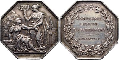Carlo X, Medaglia della Compagnia Reale Assicurazioni (1817-1830), esagonale, Ø 36 mm, AG g. 20