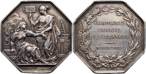 FRANCIA - Carlo X (1824-1830) - Medaglia - 1817-1830 - Compagnia Reale Assicurazioni  Ø: 36 mm. - (AG g. 20) Esagonale. SPL