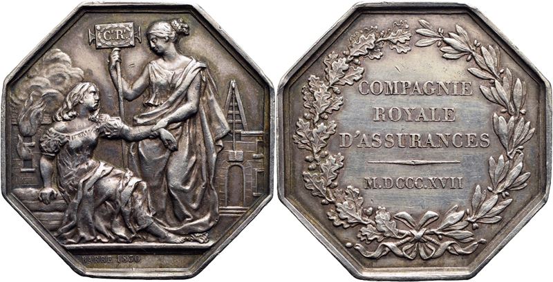 Carlo X, Medaglia della Compagnia Reale Assicurazioni (1817-1830), esagonale, Ø 36 mm, AG g. 20