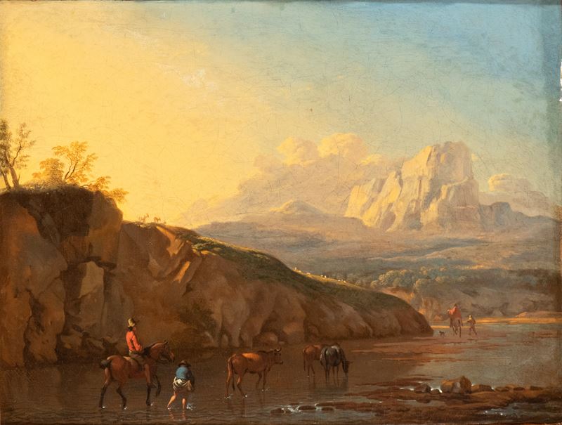 Paesaggio con viandanti che guadano il fiume