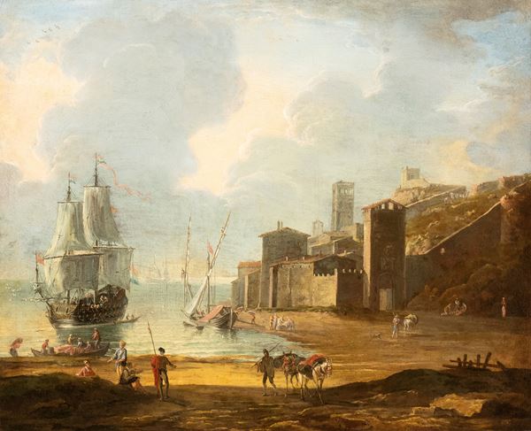 Artista attivo a Roma, XVIII secolo - Marina with boats, figures, and citadel