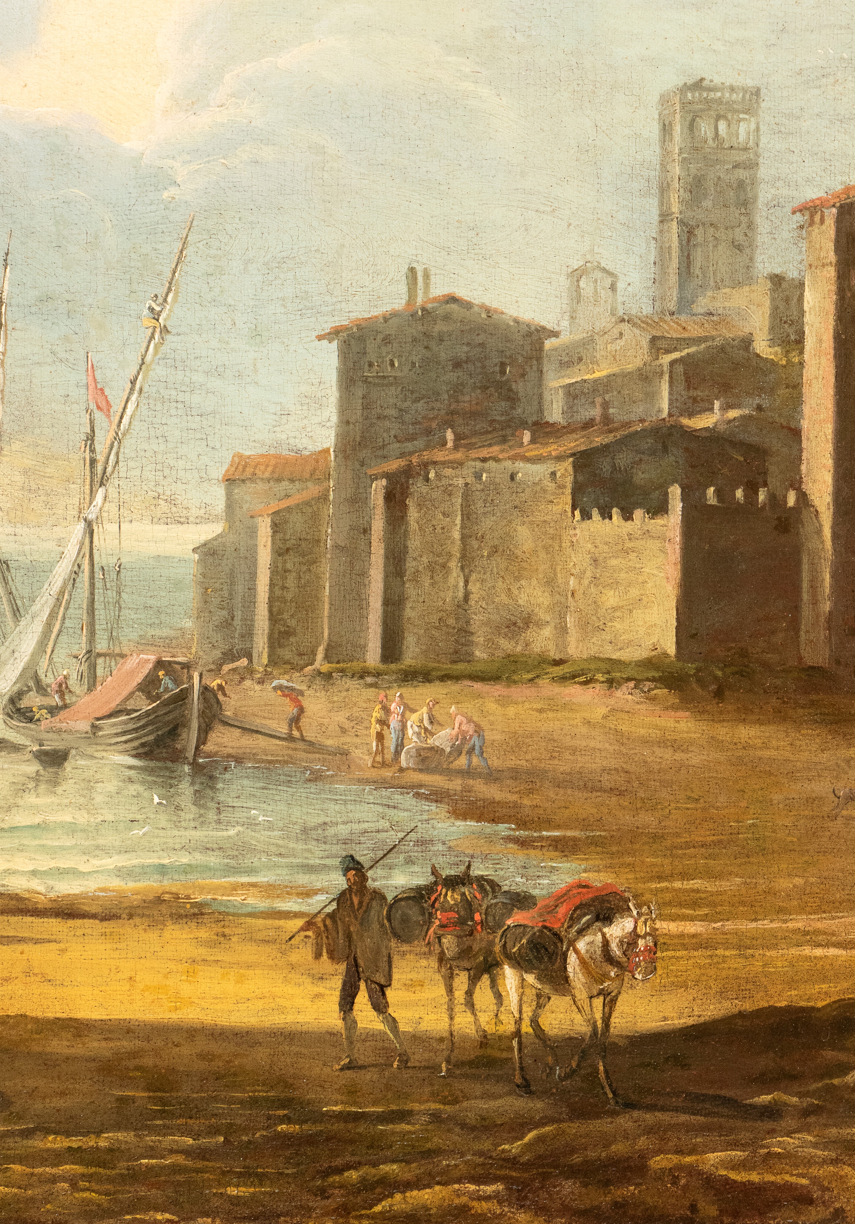 Artista Attivo a Roma, XVIII Secolo - Marina con imbarcazioni e figure, olio su tela