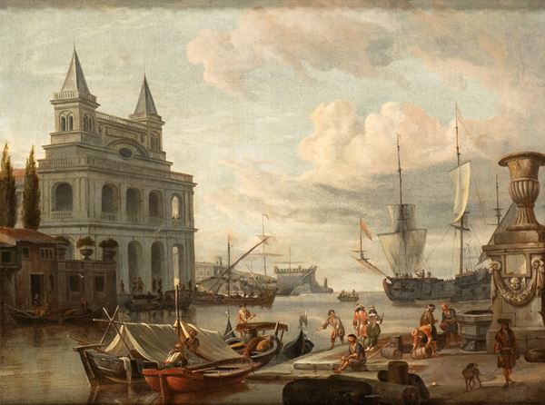 Artista olandese, seconda metà XVII secolo - Marina with harbor, boats, and figures