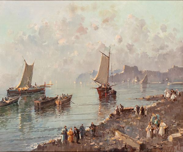 Marina con spiaggia, figure a passeggio e imbarcazioni