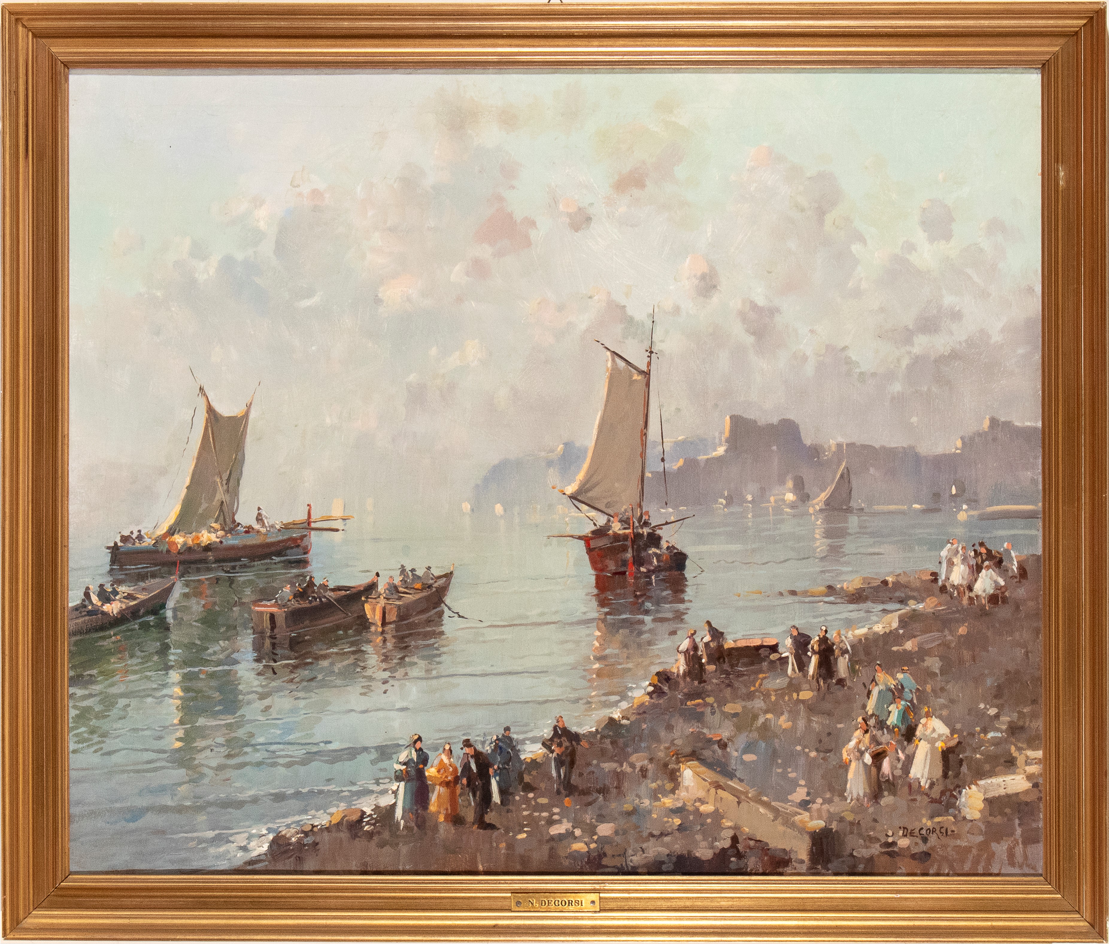 Marina con spiaggia, figure a passeggio e imbarcazioni