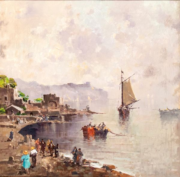 Seascape with fishermen and sailing boats