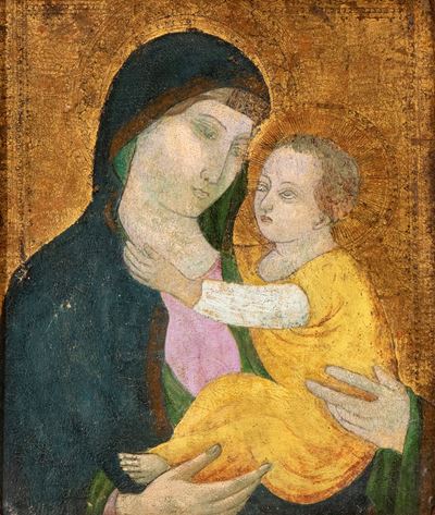 Madonna con Bambino, tempera su tavola, cm. 35x29 con cornice a tabernacolo