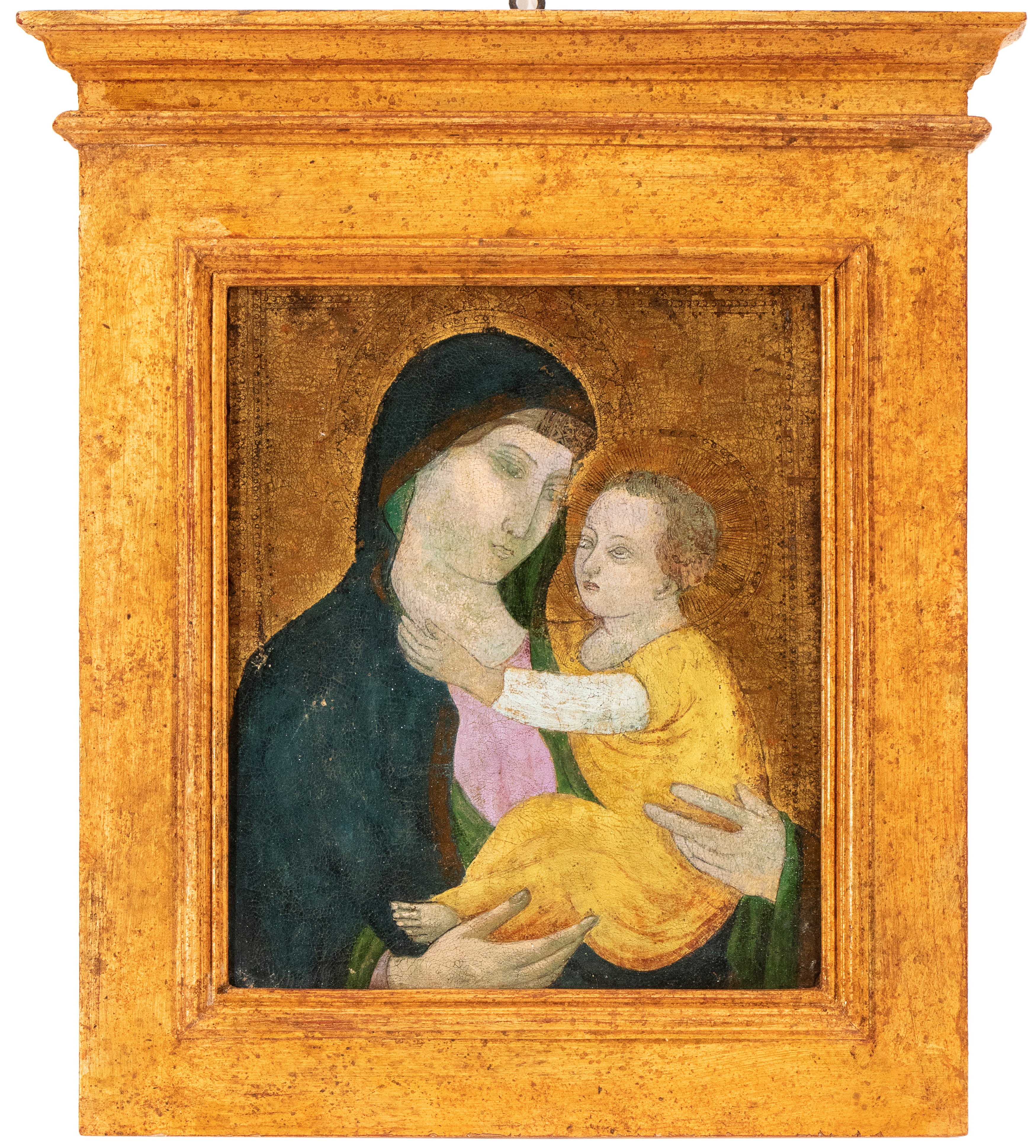 Scuola Senese, XIV Secolo - Madonna con Bambino, tempera su tavola, cm. 35x29 con cornice a taber...
