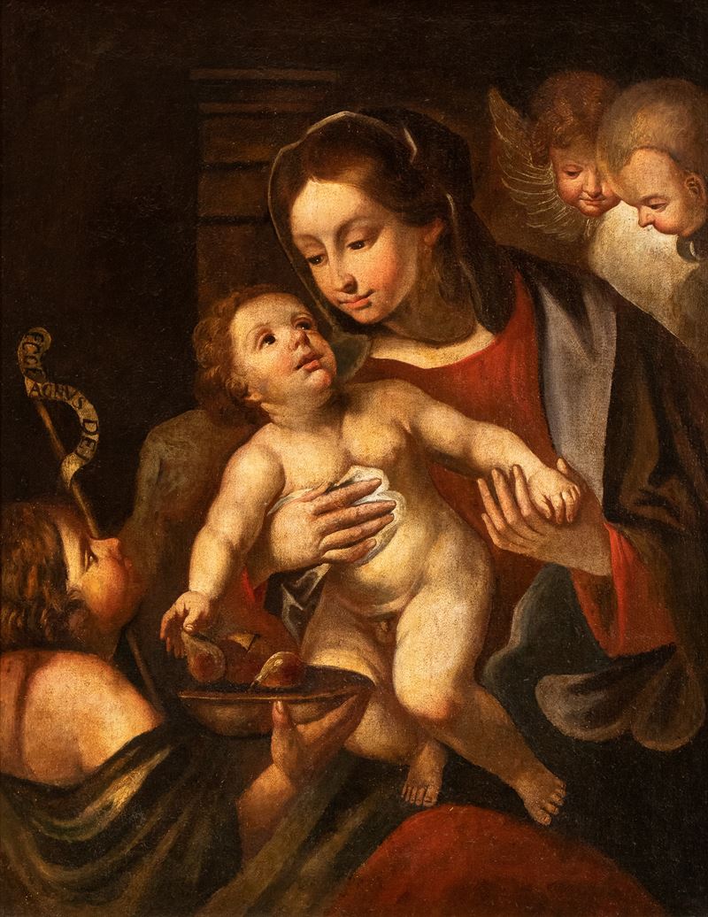 Artista Emiliano, XVII Secolo - Autore ignoto, Madonna con Bambino e San Giovannino, olio su tela