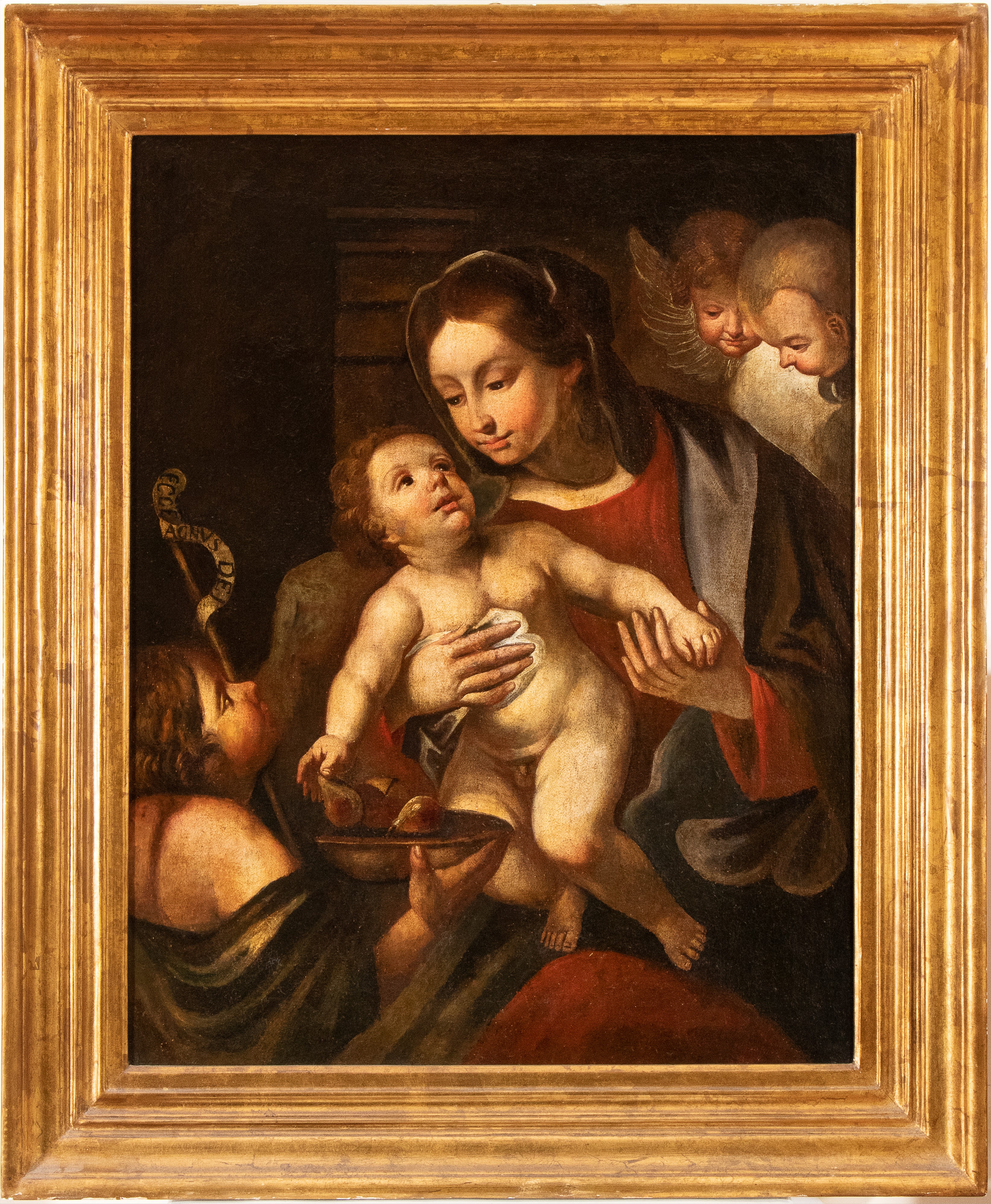 Artista Emiliano, XVII Secolo - Autore ignoto, Madonna con Bambino e San Giovannino, olio su tela