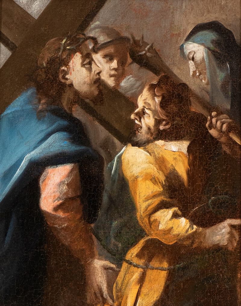 Artista Lombardo, XVIII Secolo - Cristo portacroce, olio su tela applicata su tavola