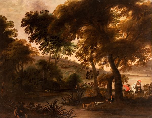 Artista olandese, prima metà XVII secolo - Deer hunting in a landscape