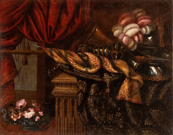 Francesco Noletti Il Maltese - Still life with armor, carpets, and brocades