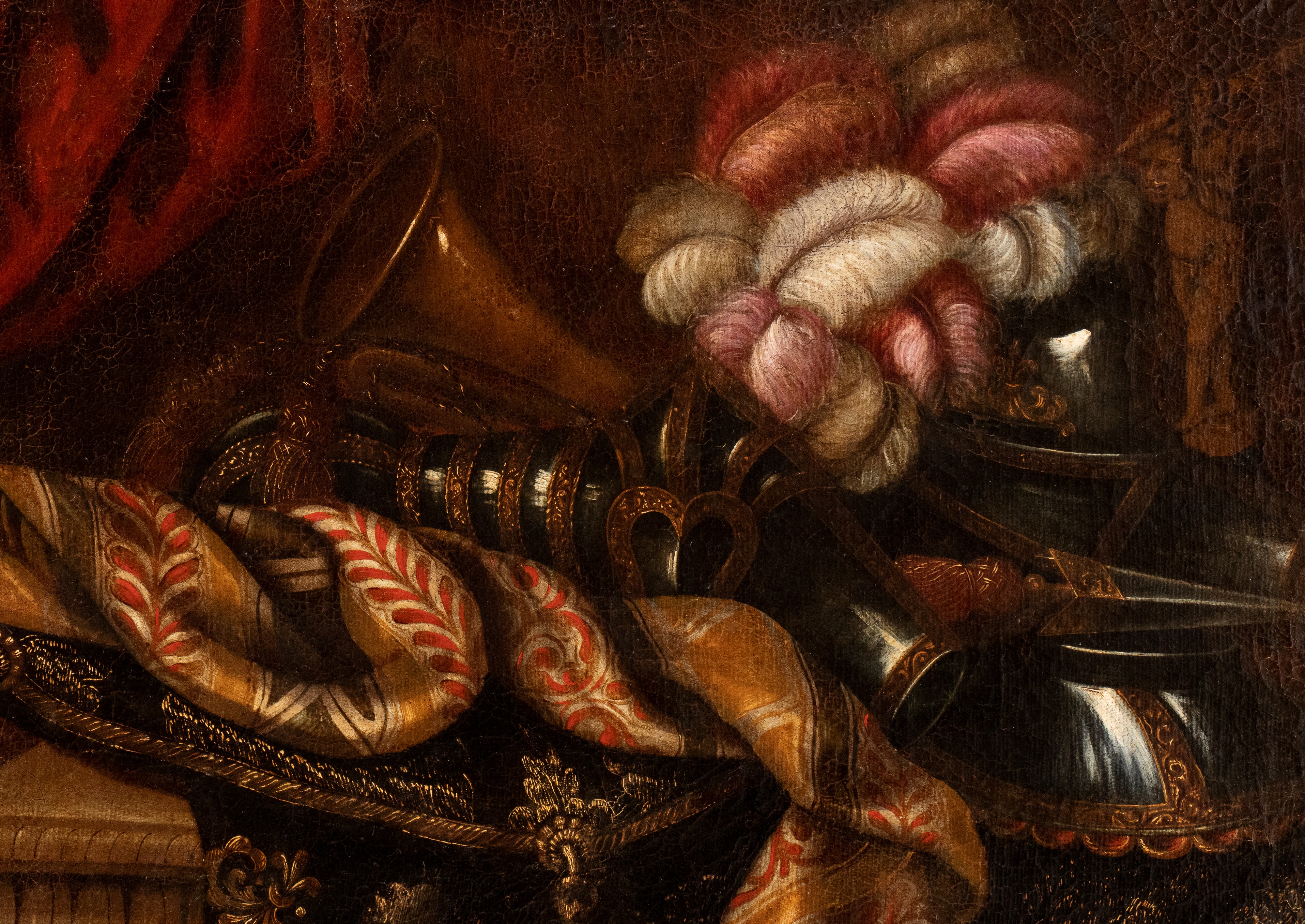 Natura morta con armatura, tappeti e broccati