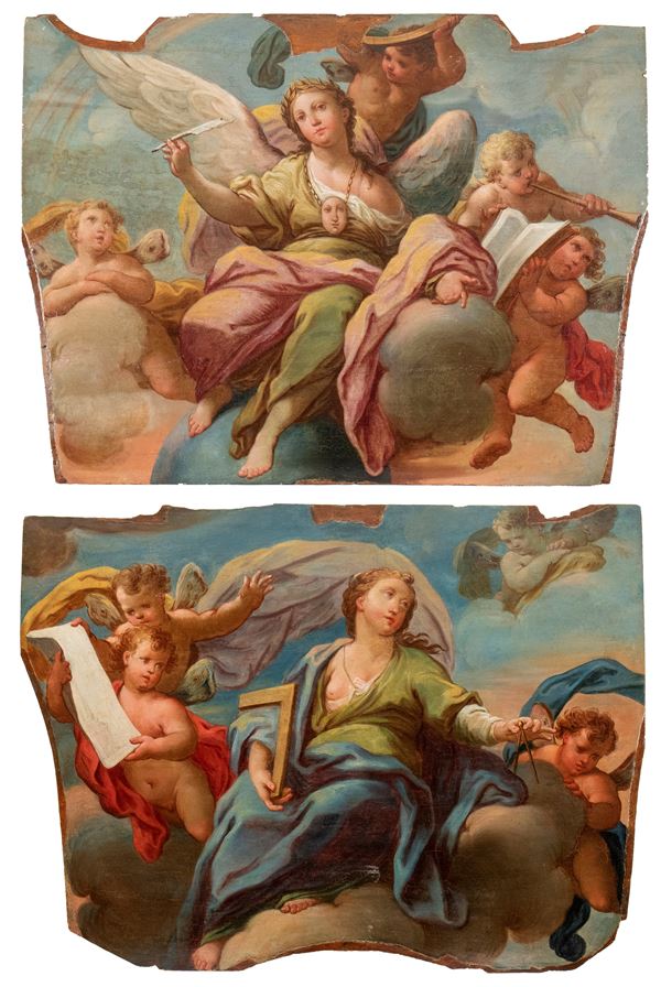 Artista emiliano, XVIII secolo - a) Allegory of Poetry; b) Allegory of Geometry. Pair of paintings