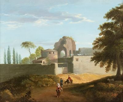 Autore sconosciuto, Veduta di Roma con il Tempio di Minerva Medica, olio su tela