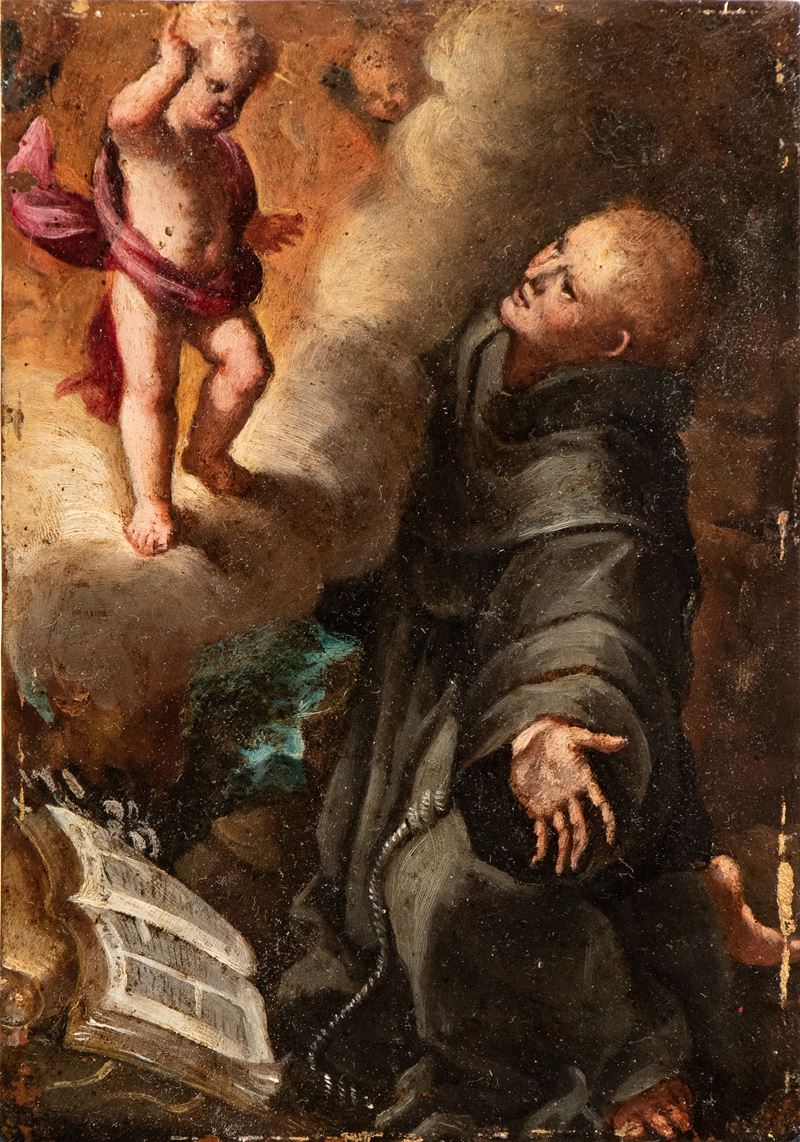 Artista Veneto, Prima Metà XVII Secolo - Visione mistica di Sant'Antonio da Padova, Olio su rame